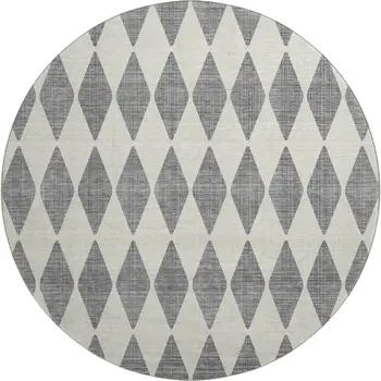 8' Gray And Ivory Diamond Washable Round Rug With UV Protection