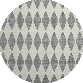 8' Gray And Ivory Diamond Washable Round Rug With UV Protection