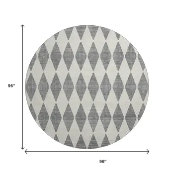 8' Gray And Ivory Diamond Washable Round Rug With UV Protection