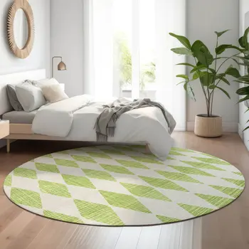 8' Lime Green And Ivory Diamond Washable Round Rug With UV Protection