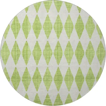 8' Lime Green And Ivory Diamond Washable Round Rug With UV Protection