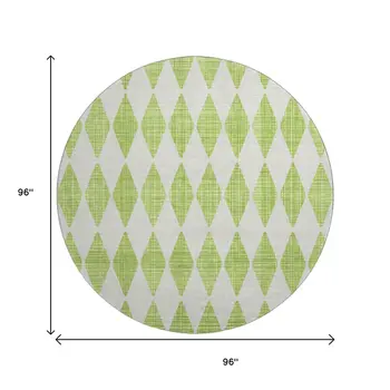 8' Lime Green And Ivory Diamond Washable Round Rug With UV Protection