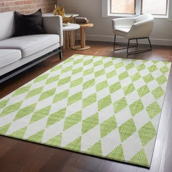 9' X 12' Lime Green And Ivory Diamond Washable Area Rug With UV Protection