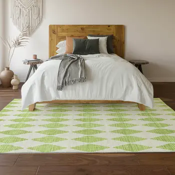 10' X 14' Lime Green And Ivory Diamond Washable Area Rug With UV Protection