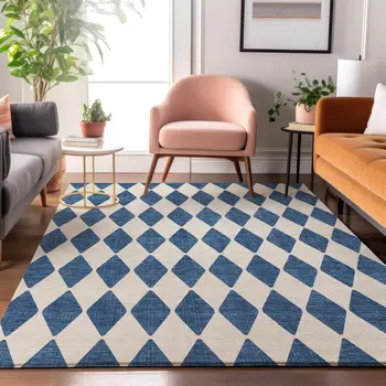 5' X 8' Navy Blue And Ivory Diamond Washable Area Rug With UV Protection