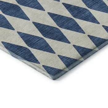 5' X 8' Navy Blue And Ivory Diamond Washable Area Rug With UV Protection
