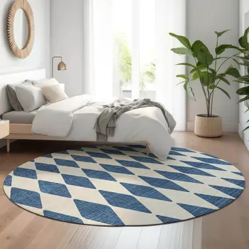 8' Navy Blue And Ivory Diamond Washable Round Rug With UV Protection