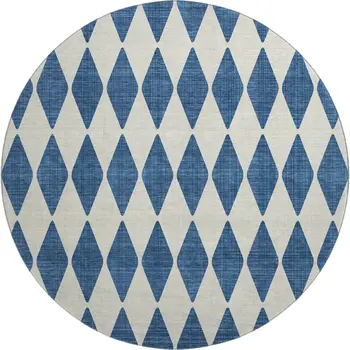 8' Navy Blue And Ivory Diamond Washable Round Rug With UV Protection