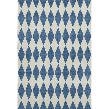 8' X 10' Navy Blue And Ivory Diamond Washable Area Rug With UV Protection