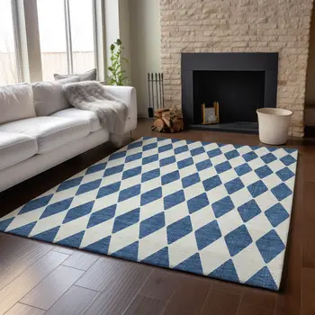 8' X 10' Navy Blue And Ivory Diamond Washable Area Rug With UV Protection