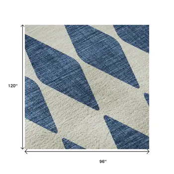 8' X 10' Navy Blue And Ivory Diamond Washable Area Rug With UV Protection