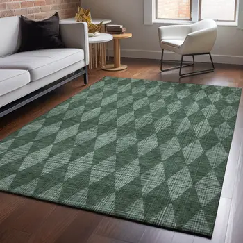 5' X 8' Olive Green And Ivory Diamond Washable Area Rug With UV Protection