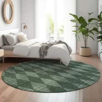 8' Olive Green And Ivory Diamond Washable Round Rug With UV Protection