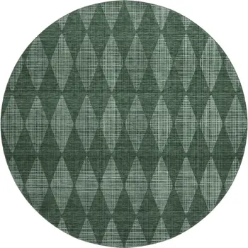 8' Olive Green And Ivory Diamond Washable Round Rug With UV Protection