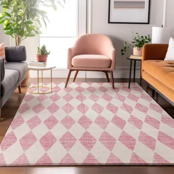 5' X 8' Pink And Ivory Diamond Washable Area Rug With UV Protection