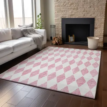 5' X 8' Pink And Ivory Diamond Washable Area Rug With UV Protection