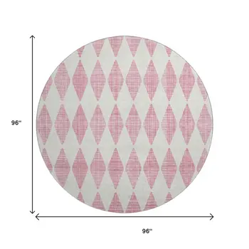 8' Pink And Ivory Diamond Washable Round Rug With UV Protection