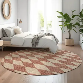 8' Chili Red And Ivory Diamond Washable Round Rug With UV Protection