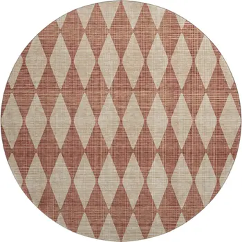 8' Chili Red And Ivory Diamond Washable Round Rug With UV Protection