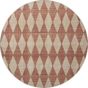 8' Chili Red And Ivory Diamond Washable Round Rug With UV Protection