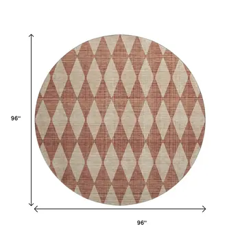 8' Chili Red And Ivory Diamond Washable Round Rug With UV Protection