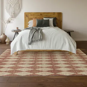 9' X 12' Chili Red And Ivory Diamond Washable Area Rug With UV Protection