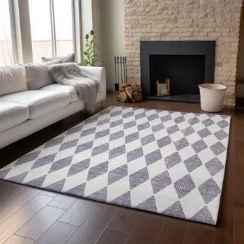 5' X 8' Purple And Ivory Diamond Washable Area Rug With UV Protection