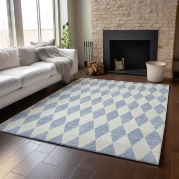 3' X 5' Sky Blue And Ivory Diamond Washable Area Rug With UV Protection