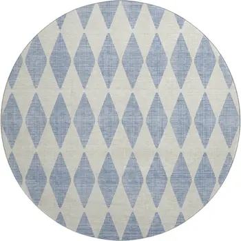 8' Sky Blue And Ivory Diamond Washable Round Rug With UV Protection