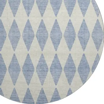 8' Sky Blue And Ivory Diamond Washable Round Rug With UV Protection