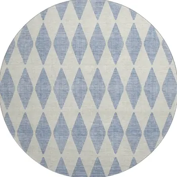 8' Sky Blue And Ivory Diamond Washable Round Rug With UV Protection