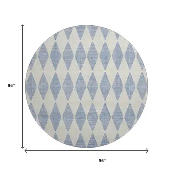 8' Sky Blue And Ivory Diamond Washable Round Rug With UV Protection