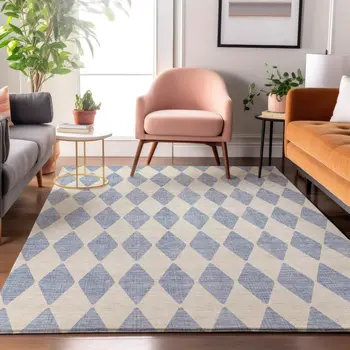 9' X 12' Sky Blue And Ivory Diamond Washable Area Rug With UV Protection