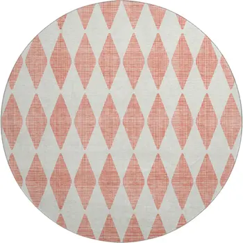 8' Salmon And Ivory Diamond Washable Round Rug With UV Protection