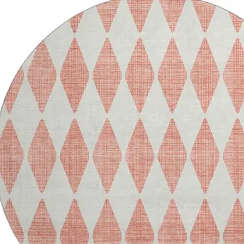 8' Salmon And Ivory Diamond Washable Round Rug With UV Protection