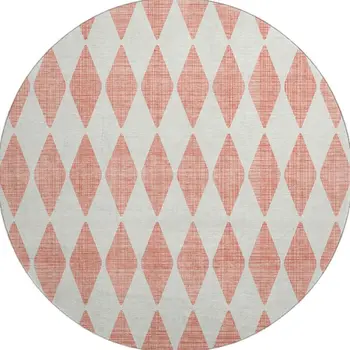 8' Salmon And Ivory Diamond Washable Round Rug With UV Protection