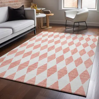 8' X 10' Salmon And Ivory Diamond Washable Area Rug With UV Protection
