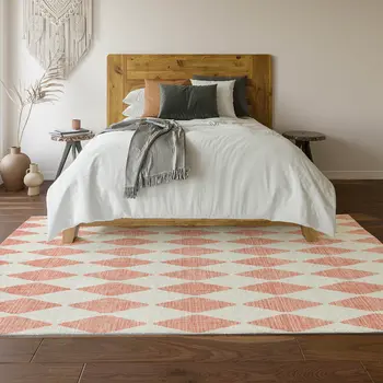 10' X 14' Salmon And Ivory Diamond Washable Area Rug With UV Protection