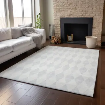 3' X 5' Silver And Ivory Diamond Washable Area Rug With UV Protection