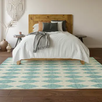 3' X 5' Teal And Ivory Diamond Washable Area Rug With UV Protection