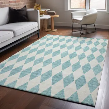 5' X 8' Teal And Ivory Diamond Washable Area Rug With UV Protection