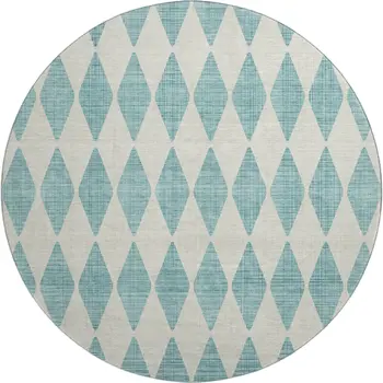 8' Teal And Ivory Diamond Washable Round Rug With UV Protection