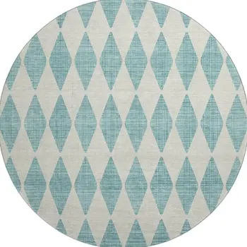 8' Teal And Ivory Diamond Washable Round Rug With UV Protection
