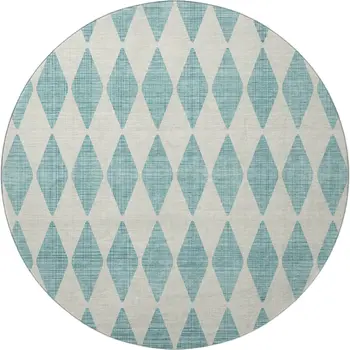 8' Teal And Ivory Diamond Washable Round Rug With UV Protection