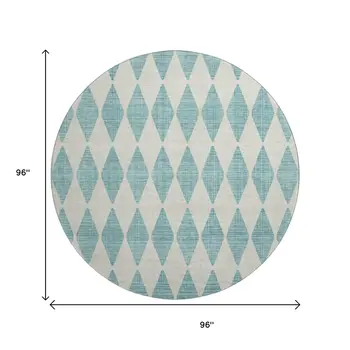 8' Teal And Ivory Diamond Washable Round Rug With UV Protection