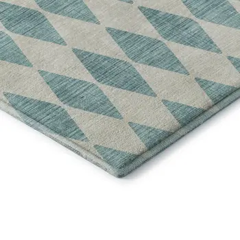 9' X 12' Teal And Ivory Diamond Washable Area Rug With UV Protection
