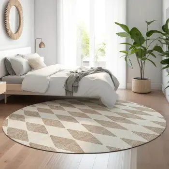 8' Taupe And Ivory Diamond Washable Round Rug With UV Protection