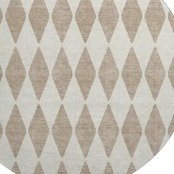 8' Taupe And Ivory Diamond Washable Round Rug With UV Protection