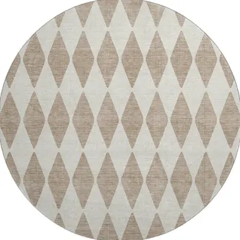8' Taupe And Ivory Diamond Washable Round Rug With UV Protection