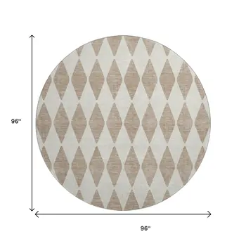 8' Taupe And Ivory Diamond Washable Round Rug With UV Protection